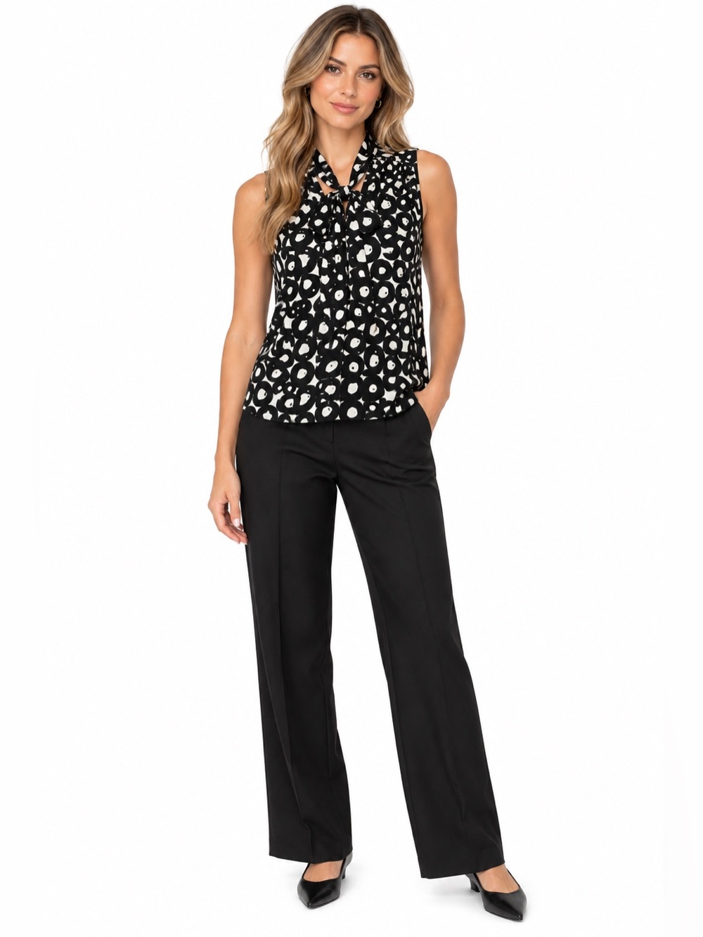 NWT Max Studio Tie Neck Sleeveless Blouse Black White Abstract Office XS